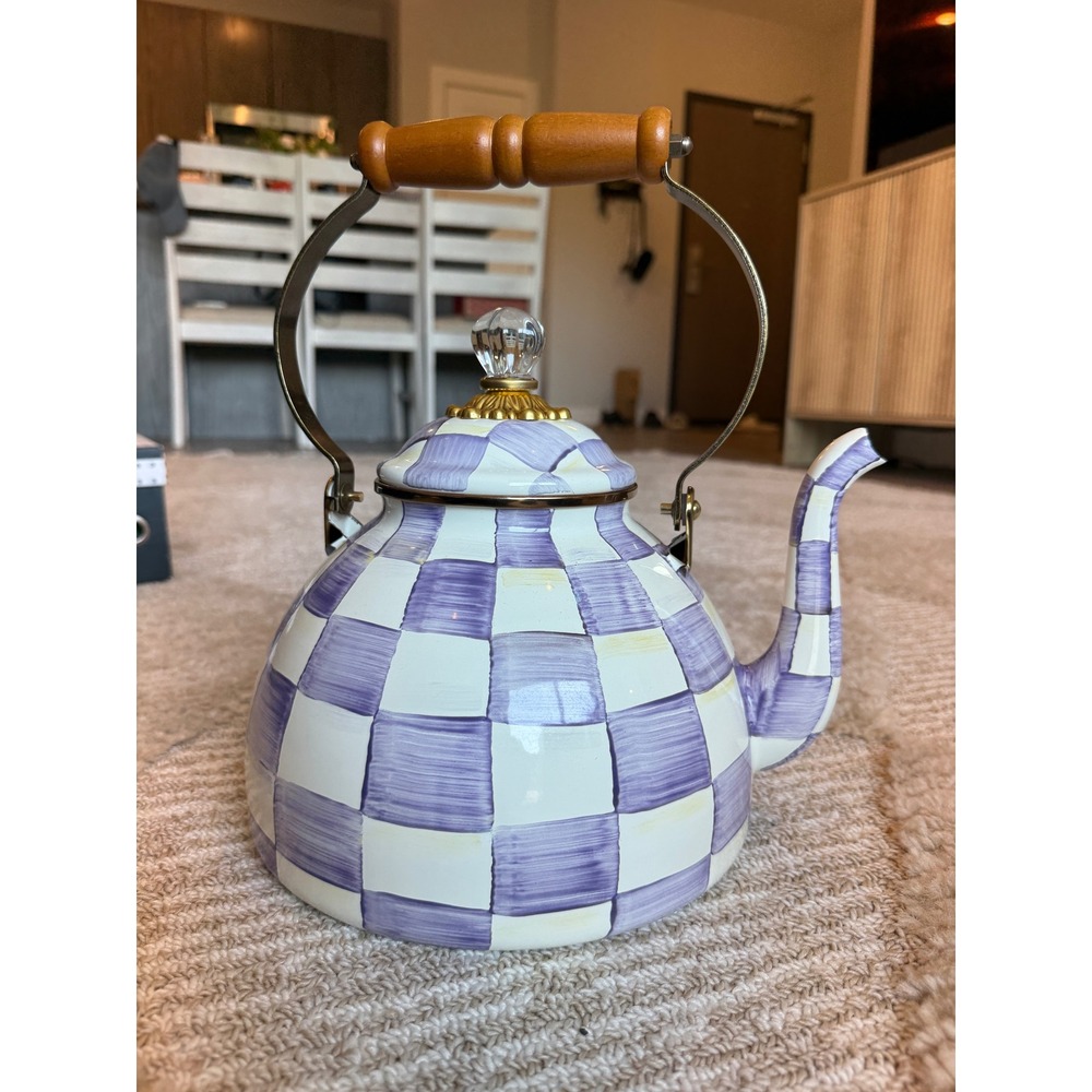 MacKenzie-Childs Violet Check Tea Kettle 3QT Enamel Purple Hand Painted NEW‎